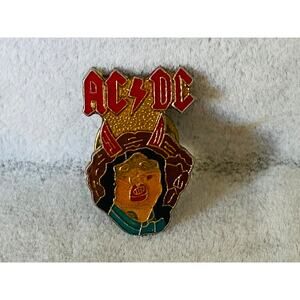 VINTAGE 1980s Enamel Angus Young AC/DC Metal Rock Music Gold Lapel Pin